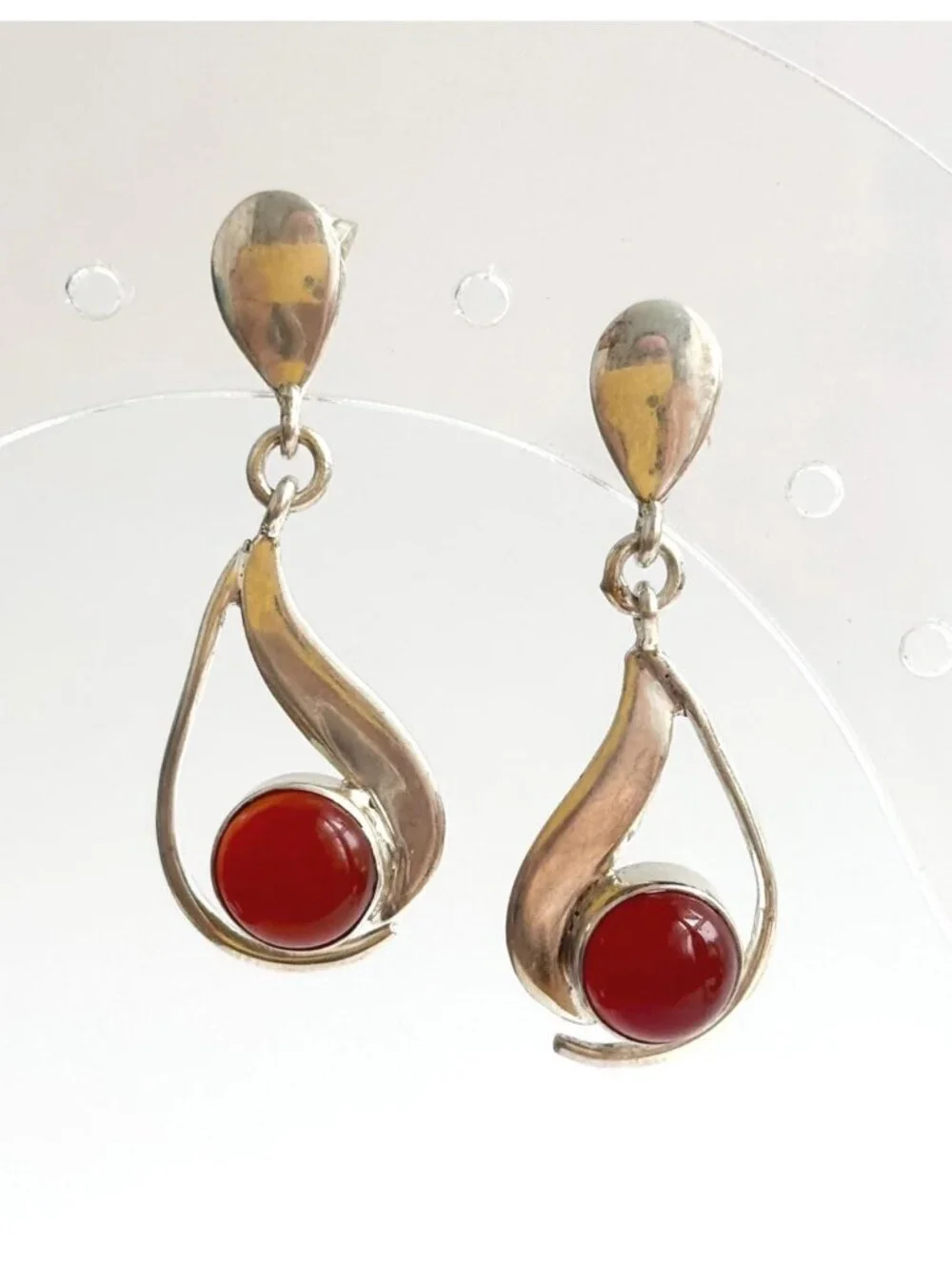 Carnelian Stone Midcentury Modern Stylized Vintage Sterling Silver 925 Earrings